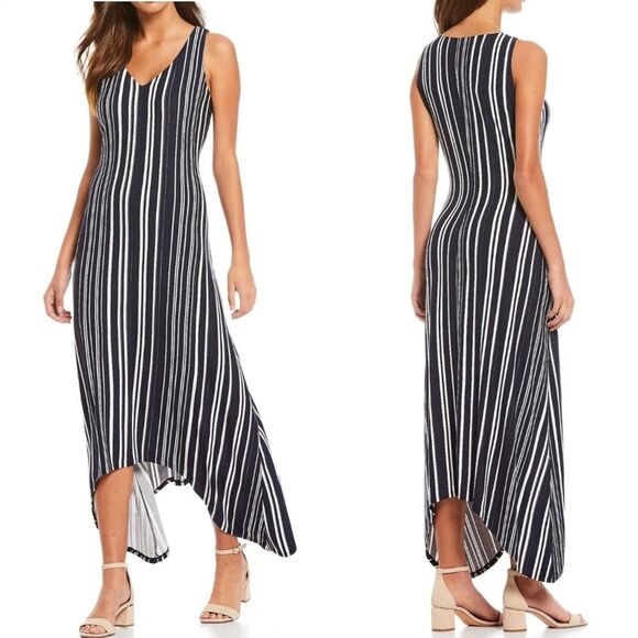 Tommy Bahama Anoche Stripe Blue White Sharkbite Hem Hi Low Midi Maxi Dress Small - Picture 1 of 14
